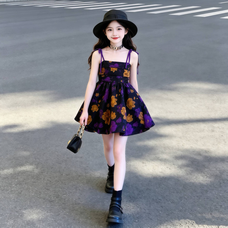 女童夏装连衣裙2025新款公主裙走秀裙子碎花吊带裙网红时尚紫印花