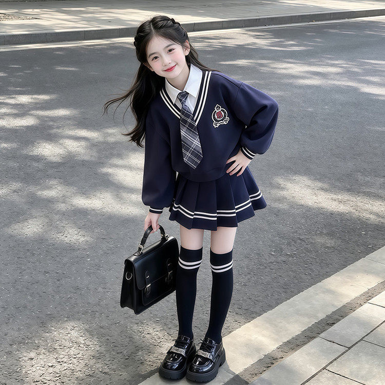 女童学院风套装秋季2026新款儿童假两件卫衣秋装女孩百褶裙两件套