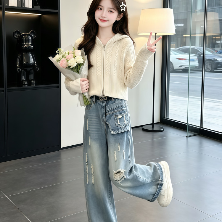 女童秋款休闲套装2026新款儿童春秋连帽开衫破洞牛仔裤两件套洋气