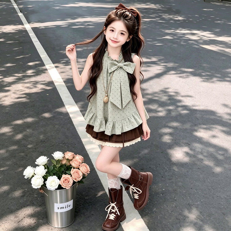 女童夏装套装2026新款女大童夏季无袖背心花边半身裙两件儿童衣服