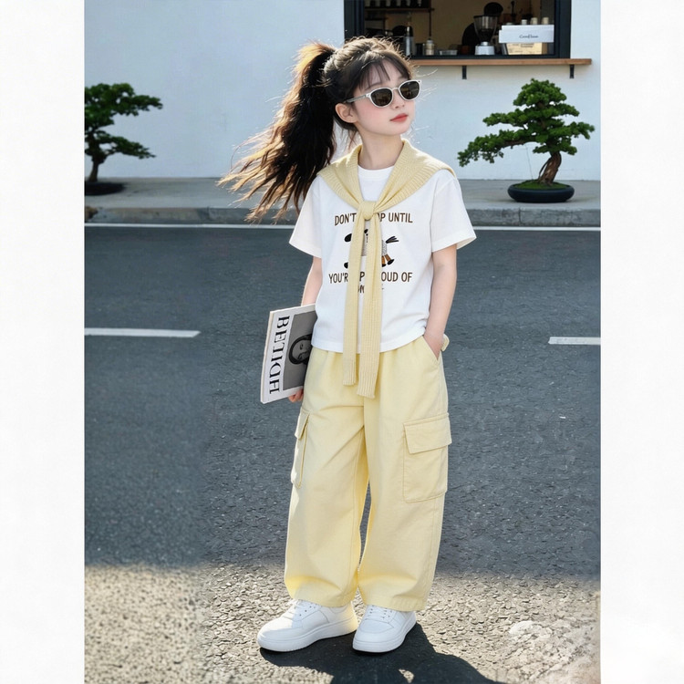 女童2026韩式休闲风女夏季字母印花短袖阔腿裤两件套时尚洋气套装