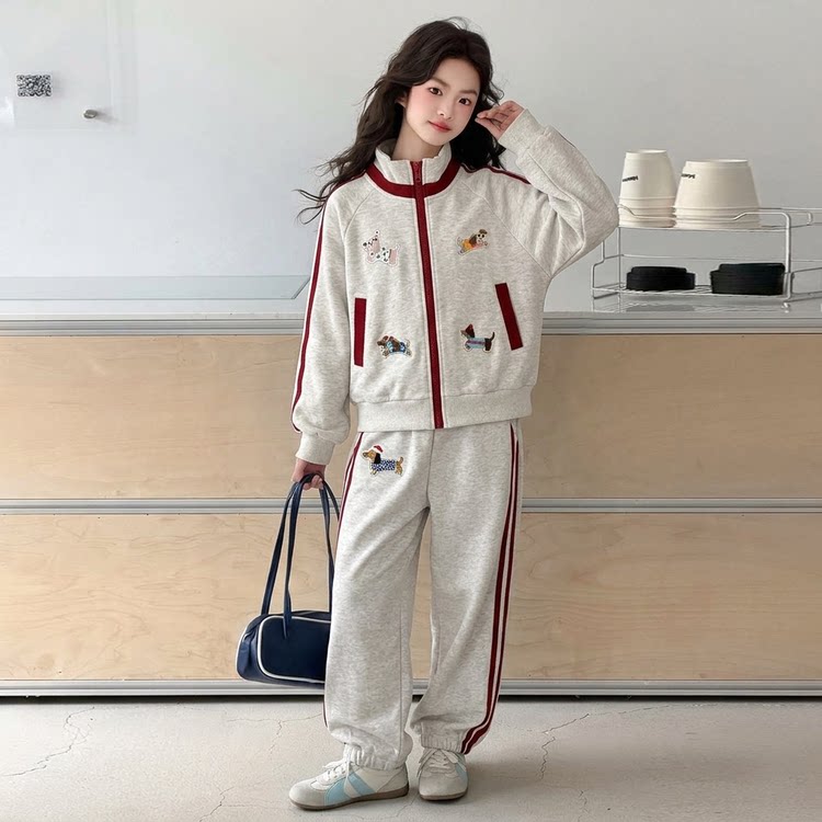 女童秋季套装2026新款儿童休闲百搭条纹立领上衣束脚裤运动两件套