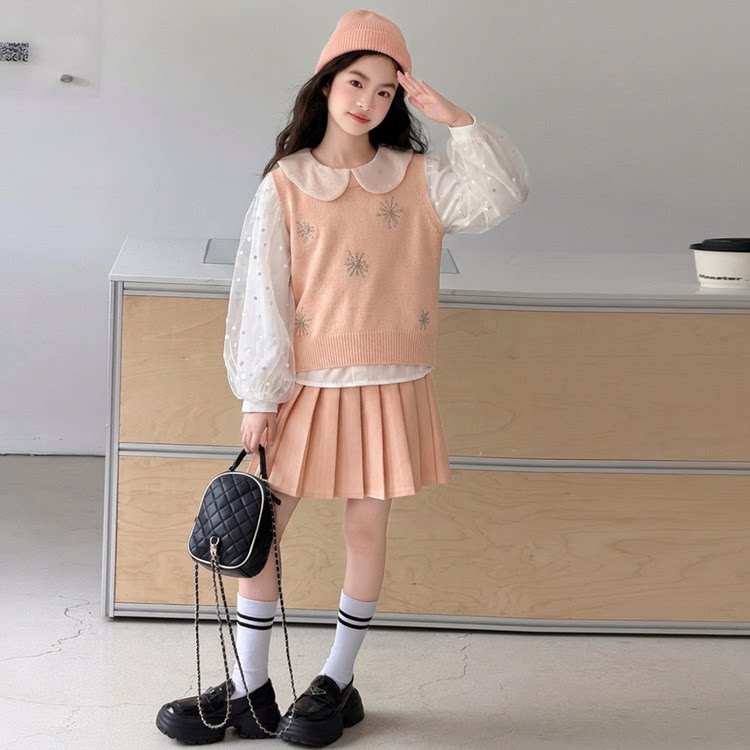甜美风女童针织马甲两件套夏季洋气娃娃领2026新款背心套装韩版潮