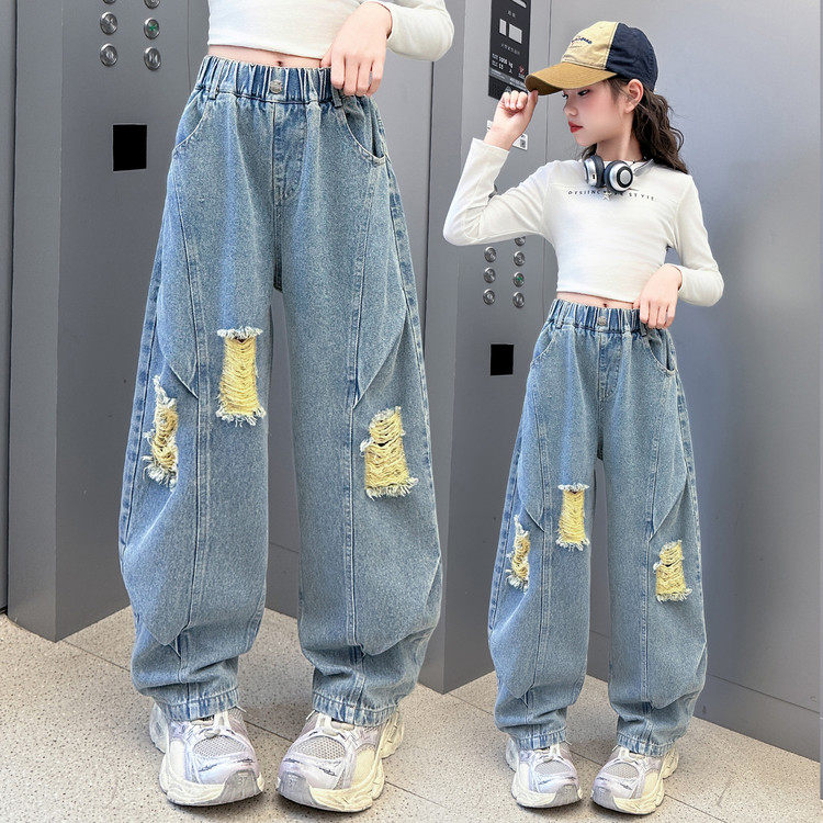 女童春款牛仔裤2026新款儿童女孩春装烫钻阔腿裤女大童早春季裤子