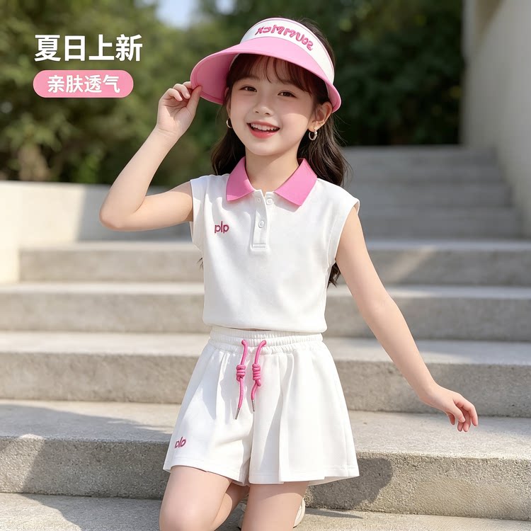 女童夏季元气少女套装中大童撞色 Polo 上衣休闲百褶裙裤两件套
