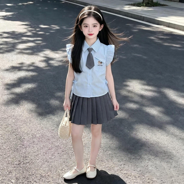 女童学院风套装夏季2026新款女孩飞袖衬衫百褶裙子儿童夏装JK制服