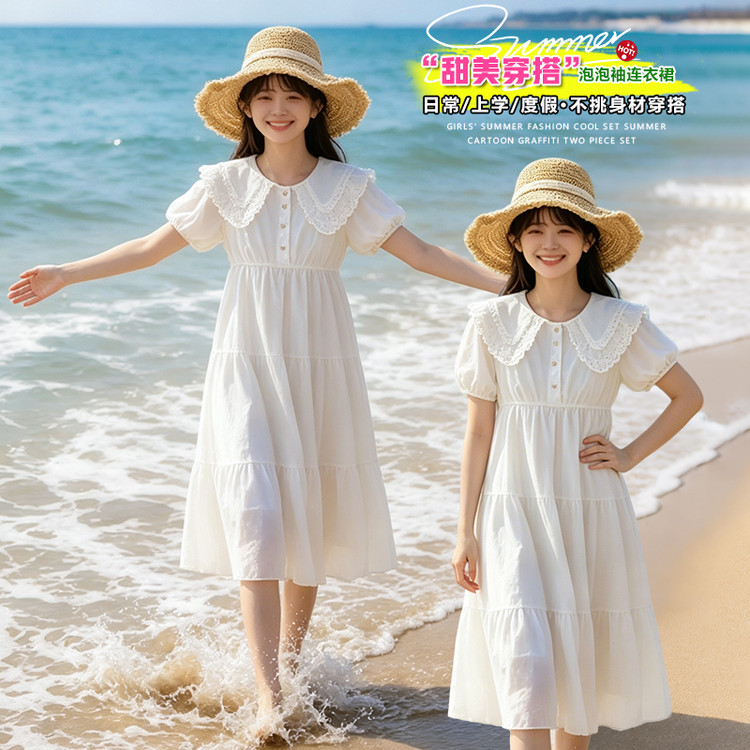 女童白色蕾丝连衣裙夏装2026新款中大童洋气公主裙女孩甜美裙子