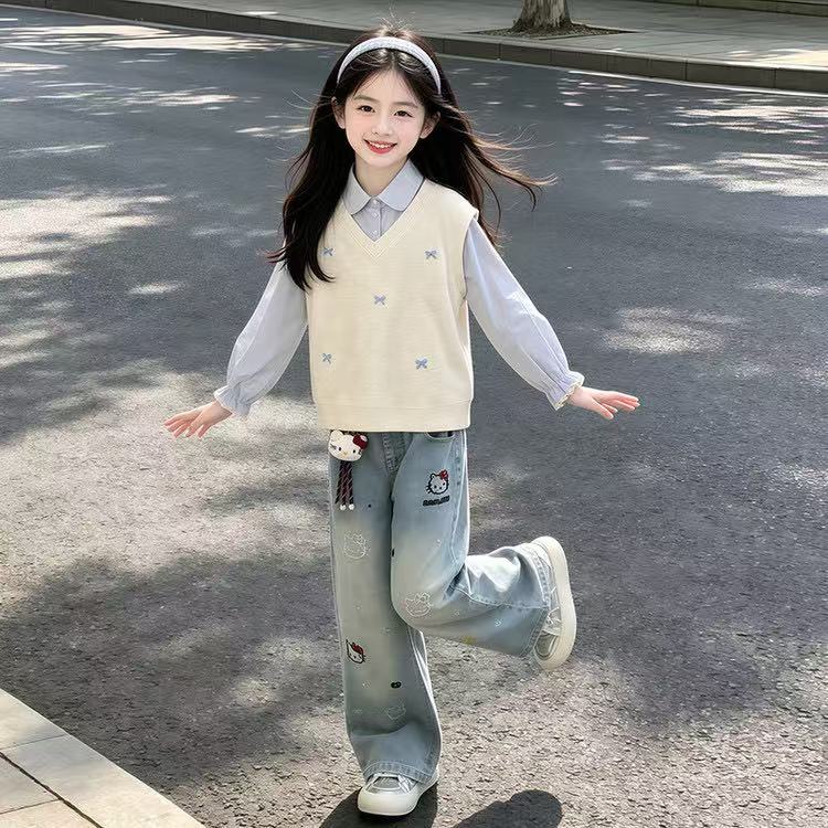 女童套装秋装2026新款儿童秋季假两件上衣女大童洋气牛仔裤春秋款