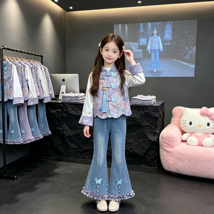 女童新中式马甲套装春秋2026新款儿童洋气国风衬衫牛仔裤三件套潮