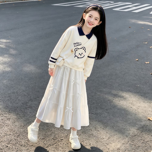 韩系女童秋装两件套长袖翻领卫衣可爱风半身裙中大童洋气穿搭套装
