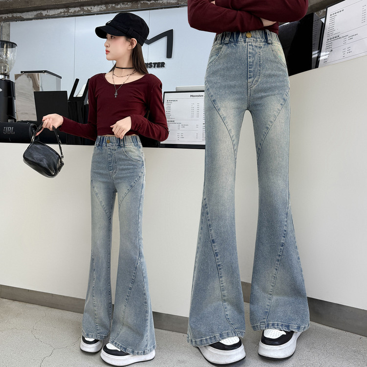 女童喇叭裤春秋款2026新款儿童高腰牛仔裤大童黑色休闲微喇长裤子
