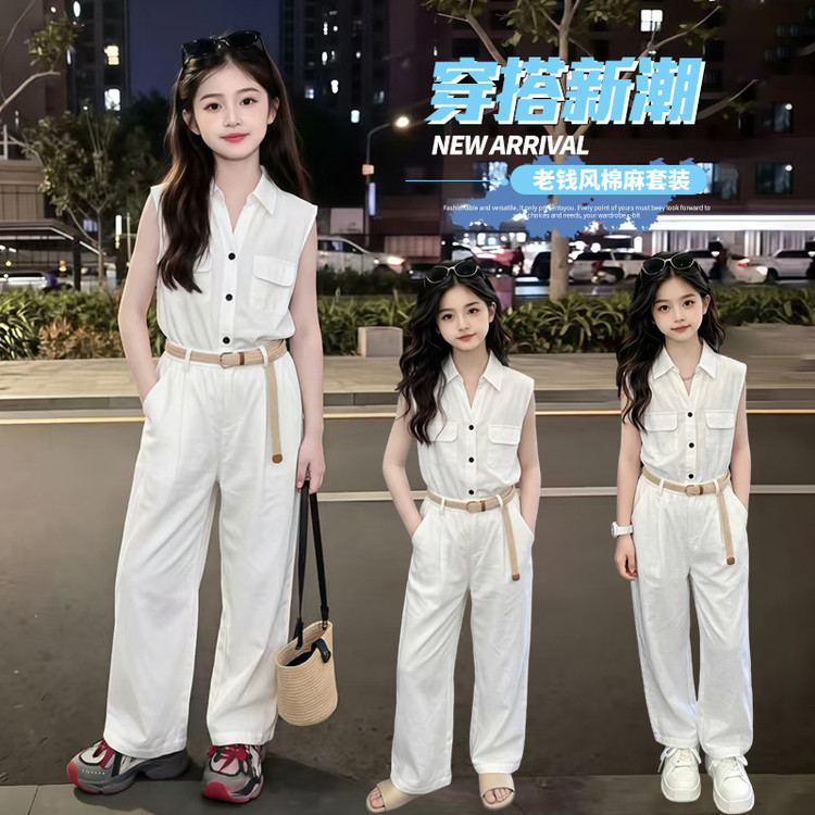 女童套装夏季亚麻薄款大童白色无袖上衣时尚休闲裤儿童洋气两件套