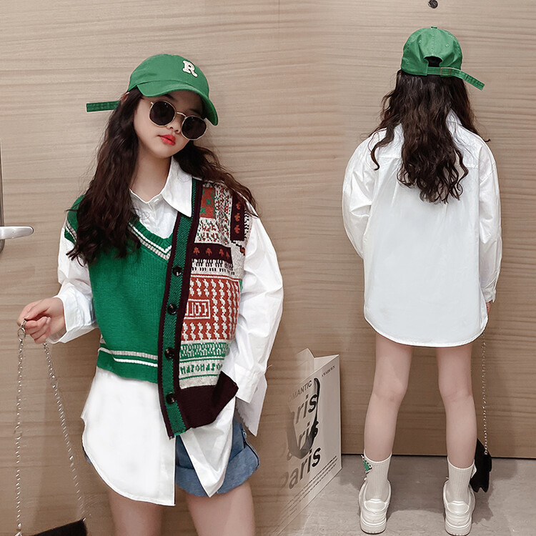 女童春秋款衬衫2025新款中大童洋气长袖衬衣儿童春季假两件上衣潮