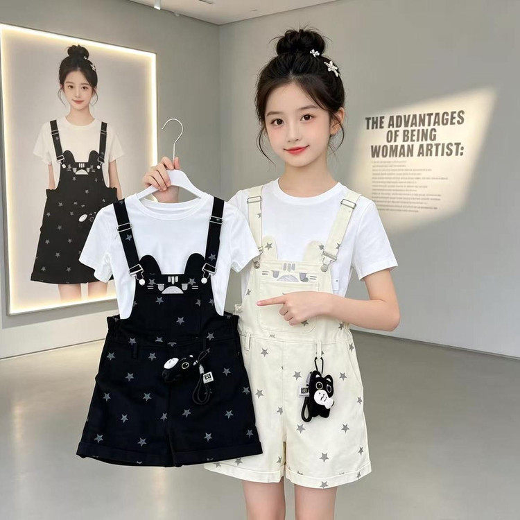 女童夏季新款套装日系甜美卡通背带短裤初中生韩版显瘦短袖两件套