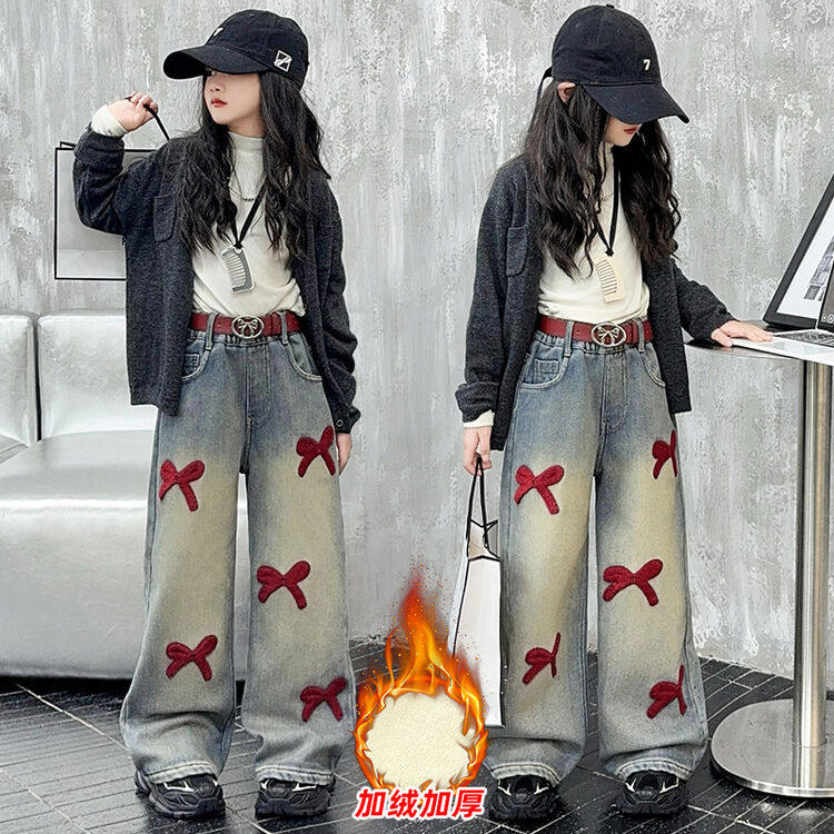 女大童加绒牛仔裤2026新款春秋女孩学生一体绒阔腿裤冬季加厚裤子