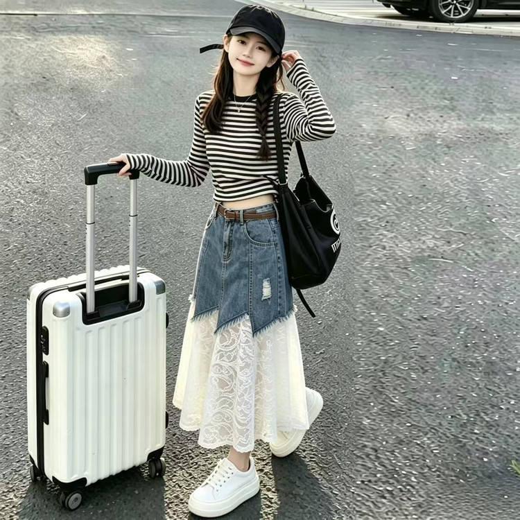 女童裙子秋条纹上衣2026新款儿童牛仔裙时尚套装洋气时髦女大童