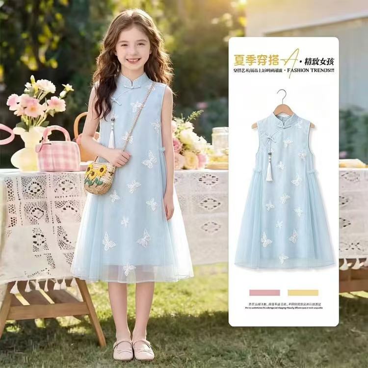 女童夏季中式连衣裙2026新款儿童国风旗袍裙中大童蝴蝶网纱无袖裙