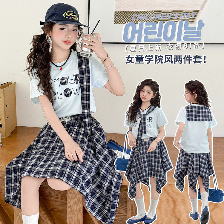女童夏季学院风POLO领短袖上衣套装大童格子半身裙两件套2026新款