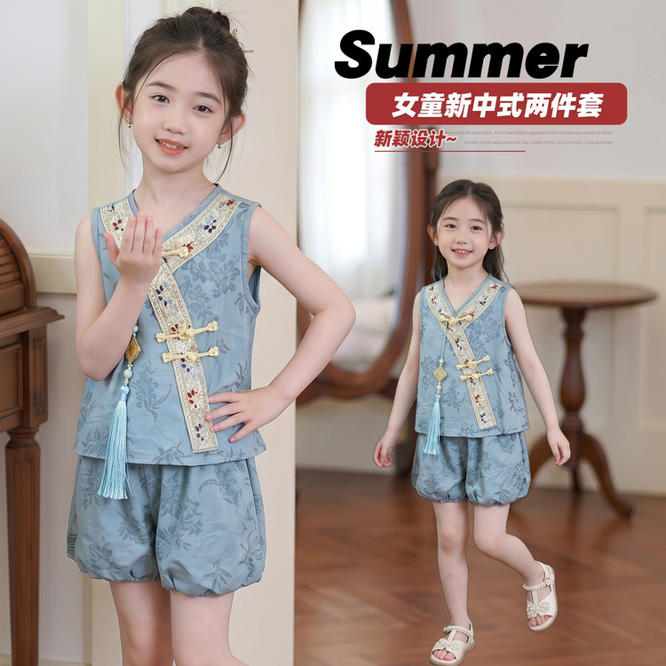 女宝宝夏季民族风套装2026新款儿童洋气盘扣马甲国风汉服花苞短裤