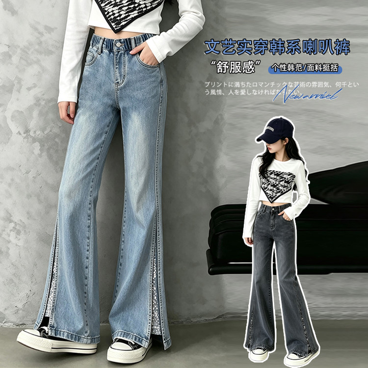 女童裤子2026新款春秋时尚儿童中大童韩版女孩弹力花边牛仔喇叭裤