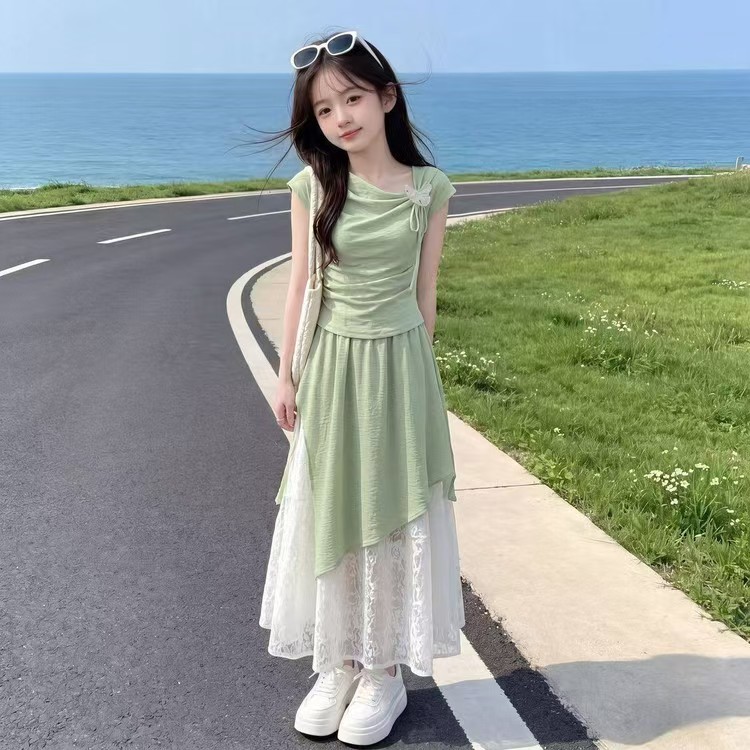 女童夏季清新薄荷绿短袖套装裙2026年中大童甜美风上衣裙子两件套