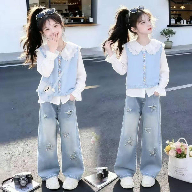 女童春季套装2026新款初中生女装针织马甲洋气衬衫儿童时髦牛仔裤