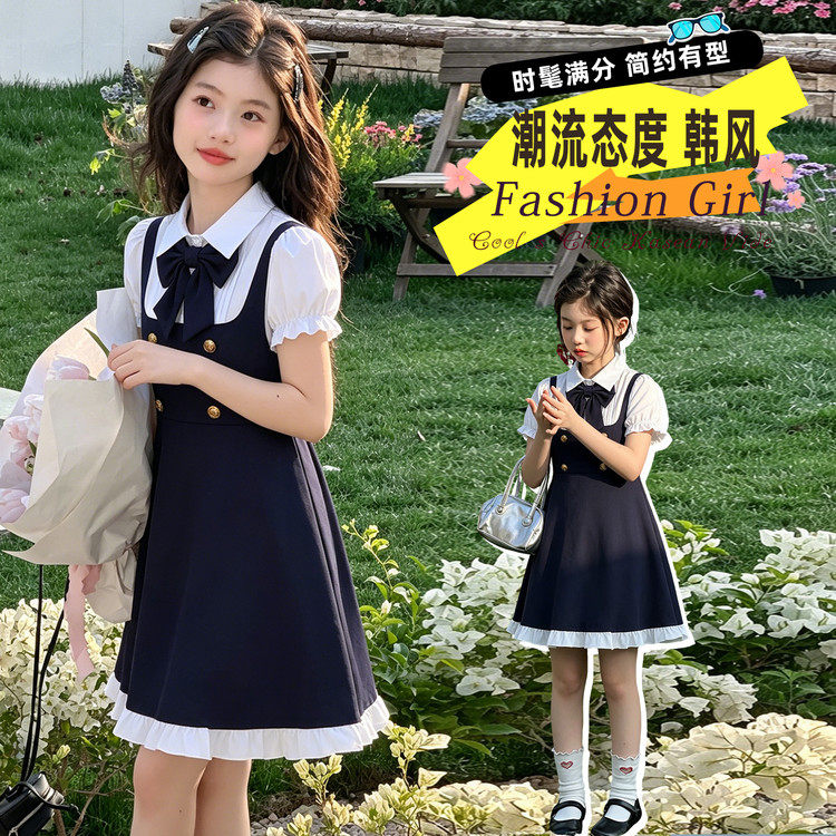 女童连衣裙2025夏季新款洋气中大童假两件衬衫裙儿童夏装公主裙