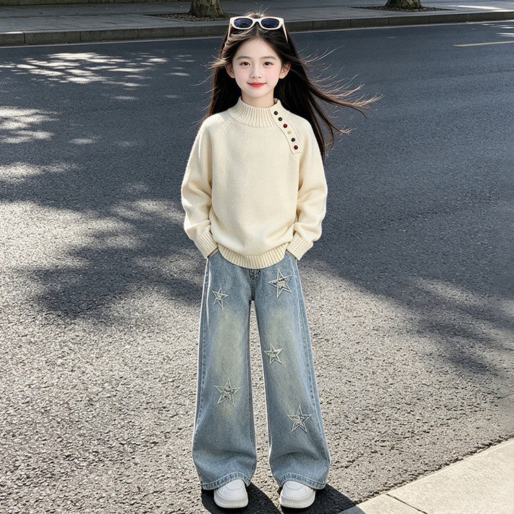 女大童秋季休闲套装2026新款中大童韩系假两件卫衣牛仔裤两件套潮