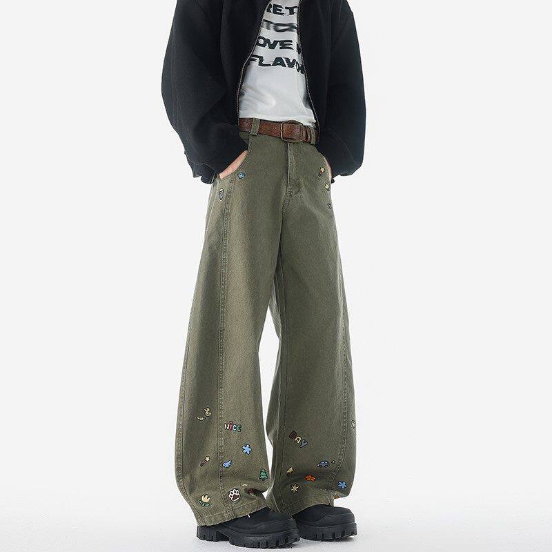 青少年卡通刺绣休闲裤男高个子加长牛仔阔腿裤大码宽松直筒弯刀裤