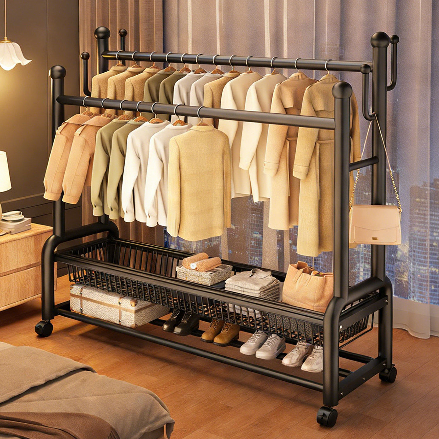 双杆移动衣帽架落地卧室家用阳台晾衣架衣服收纳架晾晒双杆挂衣架,住宅家具,衣帽架,淘宝优惠券,粉丝福利购,淘宝优惠卷