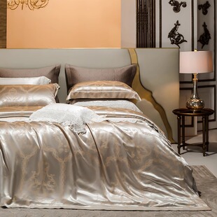 高端25姆米真丝四件套桑蚕丝色织提花被套丝绸别墅床上用品 欧式