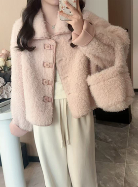 安璃 秋冬小香慵懒风甜美圆扣加厚毛绒氛围感宽松软糯外套附小包