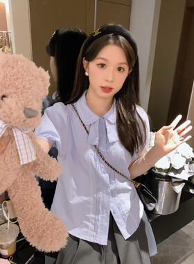 安璃 甜美减龄学院风压褶设计感兔子领结百搭衬衫显白少女感上衣