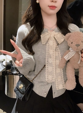 安璃 小香风高级花灰色V领蕾丝绑带少女感毛衣开衫长袖针织上衣