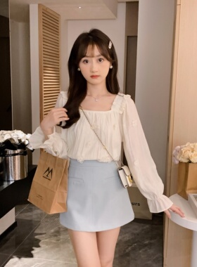 安璃 方领花朵钉珠长袖甜美衬衫