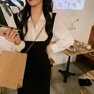 安璃 ANLI 法式甜美假两件背带裙复古乖巧少女感连衣裙秋冬新款