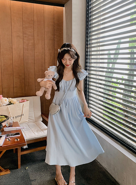 安璃 ANLI 夏季清爽蓝色小飞袖收腰显瘦连衣裙甜美元气长裙新款