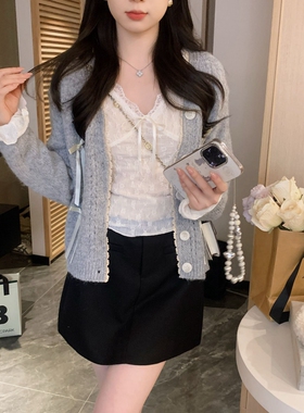 安璃 慵懒风小香洋气温柔百搭蝴蝶结花边毛衣开衫