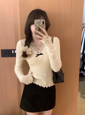 安璃 蕾丝花边V领蝴蝶结坑条甜美针织衫