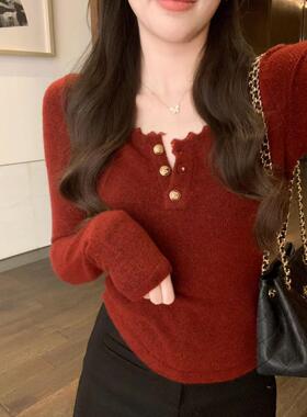 安璃 气质小金扣花边领毛衣