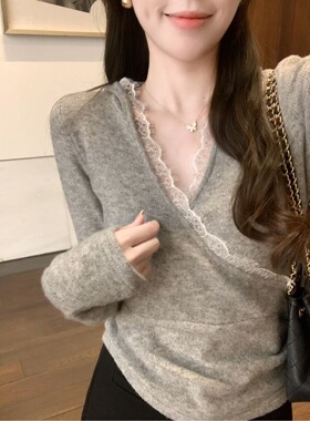安璃 蕾丝V领交叉连帽休闲甜美针织衫