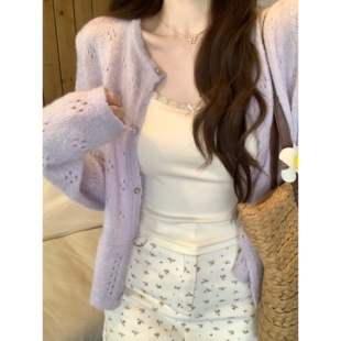 安璃 浪漫浅紫色工艺镂空钩花毛衣柔软亲肤显白针织开衫春夏百搭