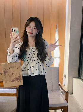 安璃 ANLI 甜美波点松紧收腰显瘦长袖衬衫时髦百搭韩系上衣新款