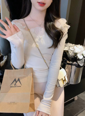 安璃 精致感钉珠花朵上衣网纱拼接弹力收腰显瘦温柔长袖T恤秋新款