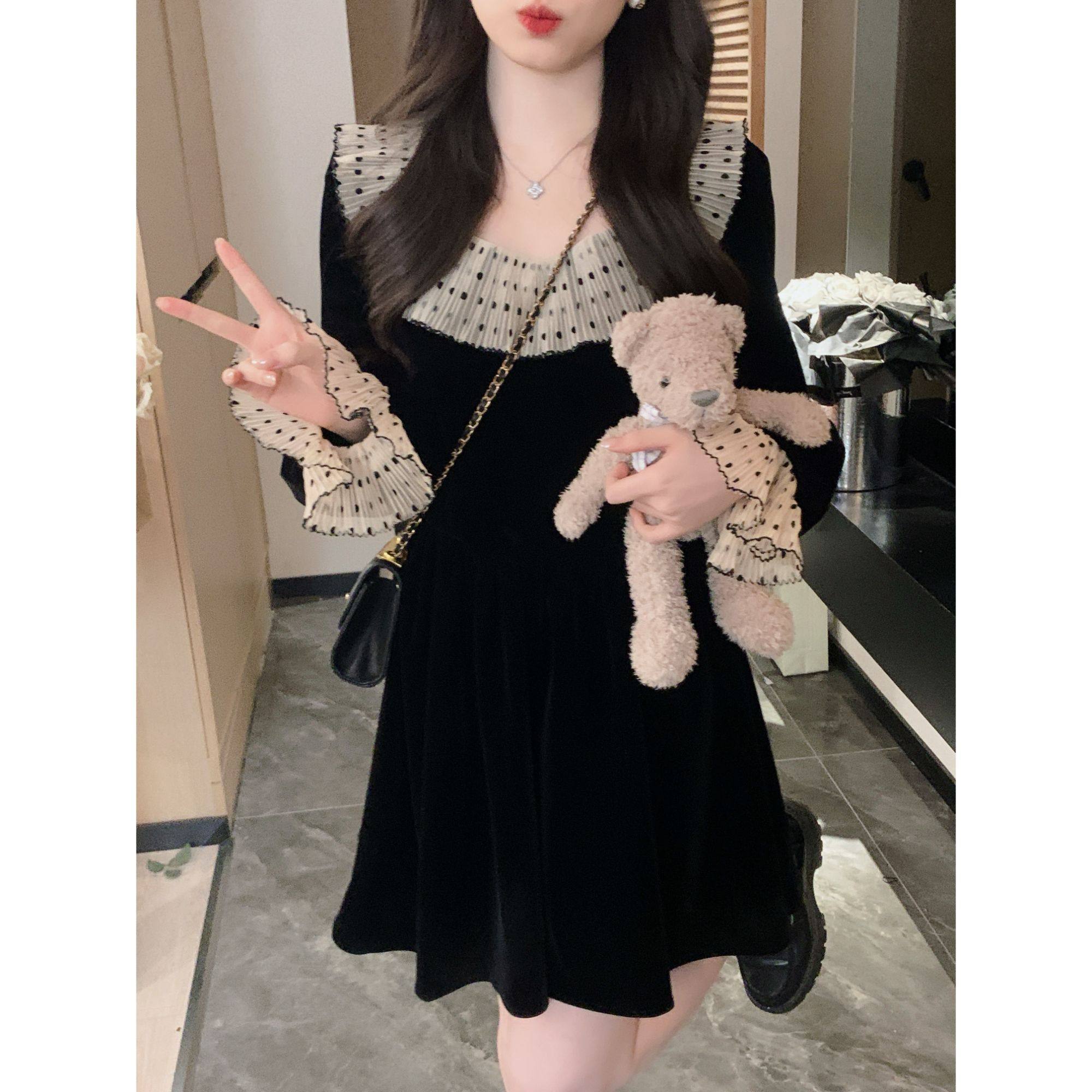 安璃 法式赫本风复古拼接撞色波点收腰显瘦丝绒小黑裙,女装/女士精品,连衣裙,淘宝优惠券,粉丝福利购,淘宝优惠卷