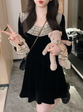 安璃 法式赫本风复古拼接撞色波点收腰显瘦丝绒小黑裙