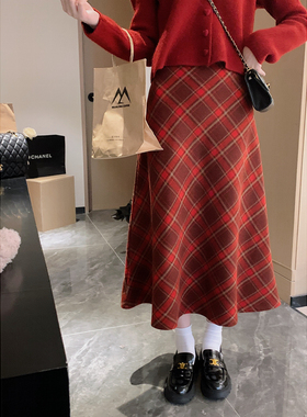 安璃 ANLI 2023年新款红色格纹毛呢半身裙高腰显瘦气质百搭长裙
