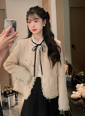 安璃 ANLI 奶油气质圆领撕边小香风外套千金高级感秋冬长袖上衣