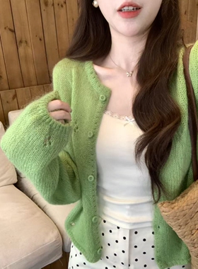 安璃  春日游～春夏嫩芽绿针织开衫温柔百搭镂空钩花外套多色可选