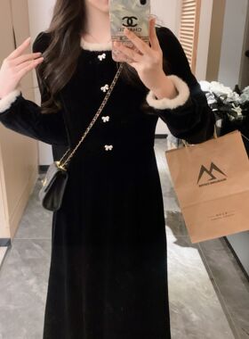 安璃 赫本风加绒内里复古氛围感蝴蝶结收腰显瘦小黑裙丝绒连衣裙